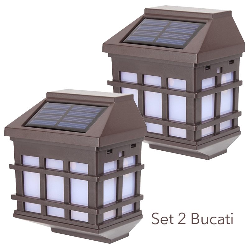 Lampa solara LED tip Felinar pentru perete, , Set 2 Bucati, 11.5 x 8.3cm, 1.2V, ABS, 400mAh, Lumina Alb Cald, Maro 2