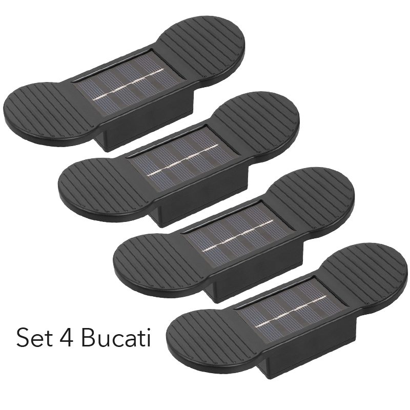 Aplica solara LED, , Set 4 Bucati, ABS/Policarbonat, rezistenta la apa IP65, 2 LED-uri SMD, pentru perete, scari, 1.2V, 600mah, 16 x 5.9 x 3.3 cm, Lumina Alb calda, Negru 2
