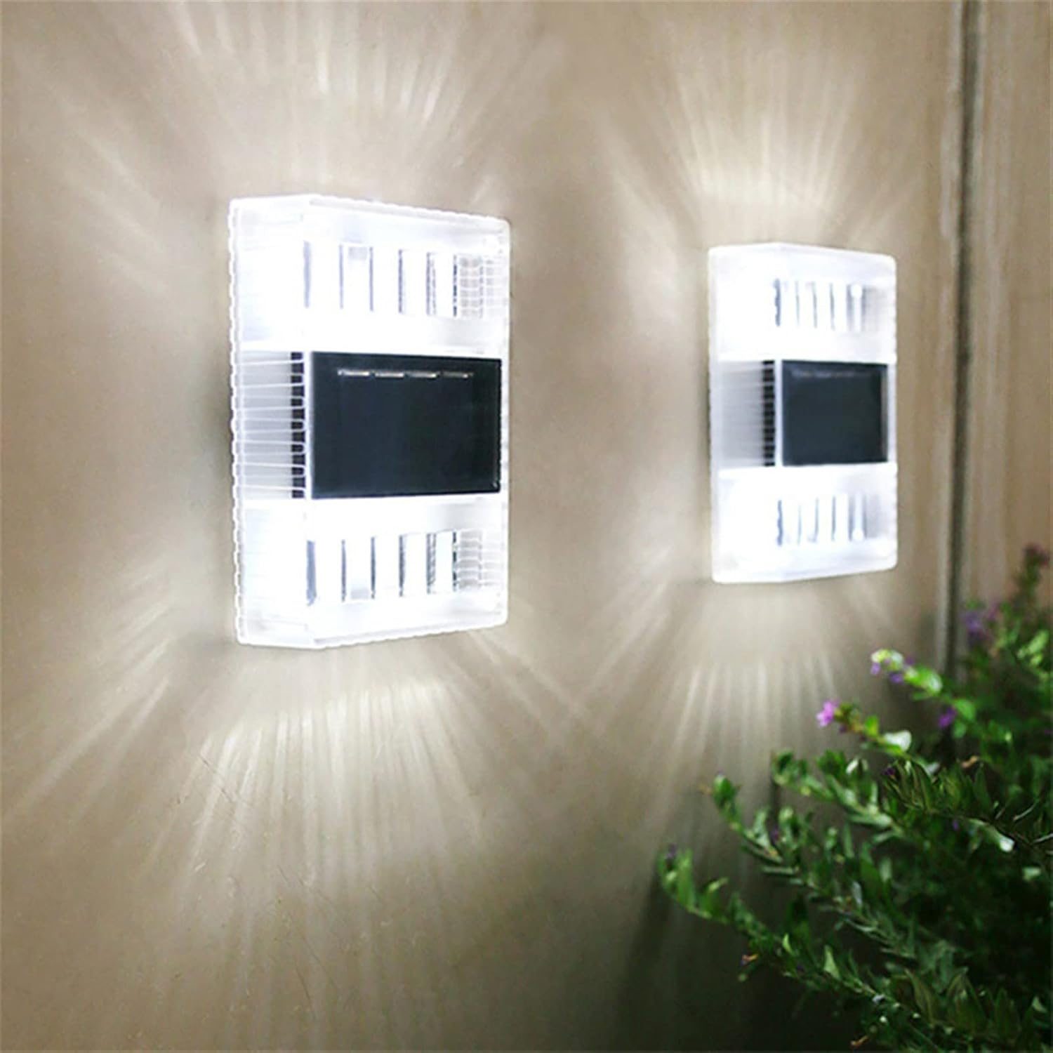 Aplica solara LED pentru Gradina, , Set 4 Bucati, ABS/Policarbonat, Rezistenta la apa IP65, pentru perete, 1.2V, 600mah, 10x2.5x7 cm, Lumina Alb calda, Transparenta 5