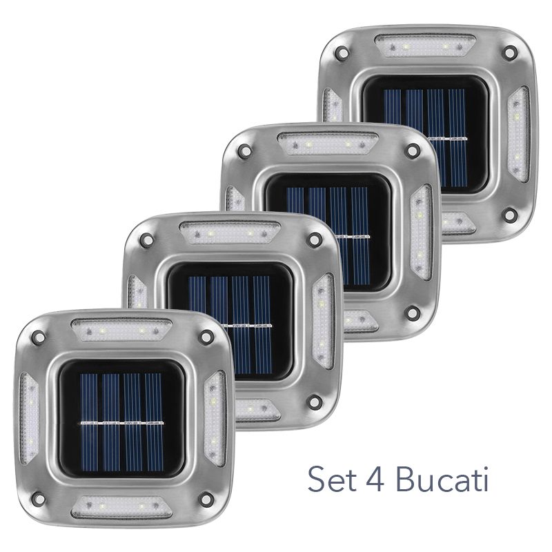 Lampa solara LED pentru gradina, Flippy, Set 4 Bucati, 8 LED-uri, Prindere de Perete / Impamantare, IP65, forma patrat, ABS si Policarbonat, 9 x 9 cm, baterie 1.2V, 600 mah, Alb Rece,  Gri