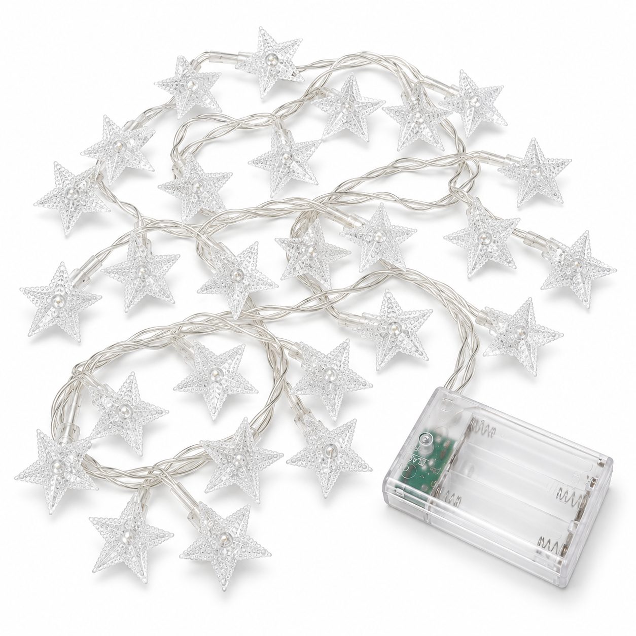 Instalatie de Craciun Tip Sir, Flippy, 30 LED-uri cu Ornamente Stea, Alimentare cu 3 Baterii AA, Interior/Exterior, 3.5 m, Multicolor