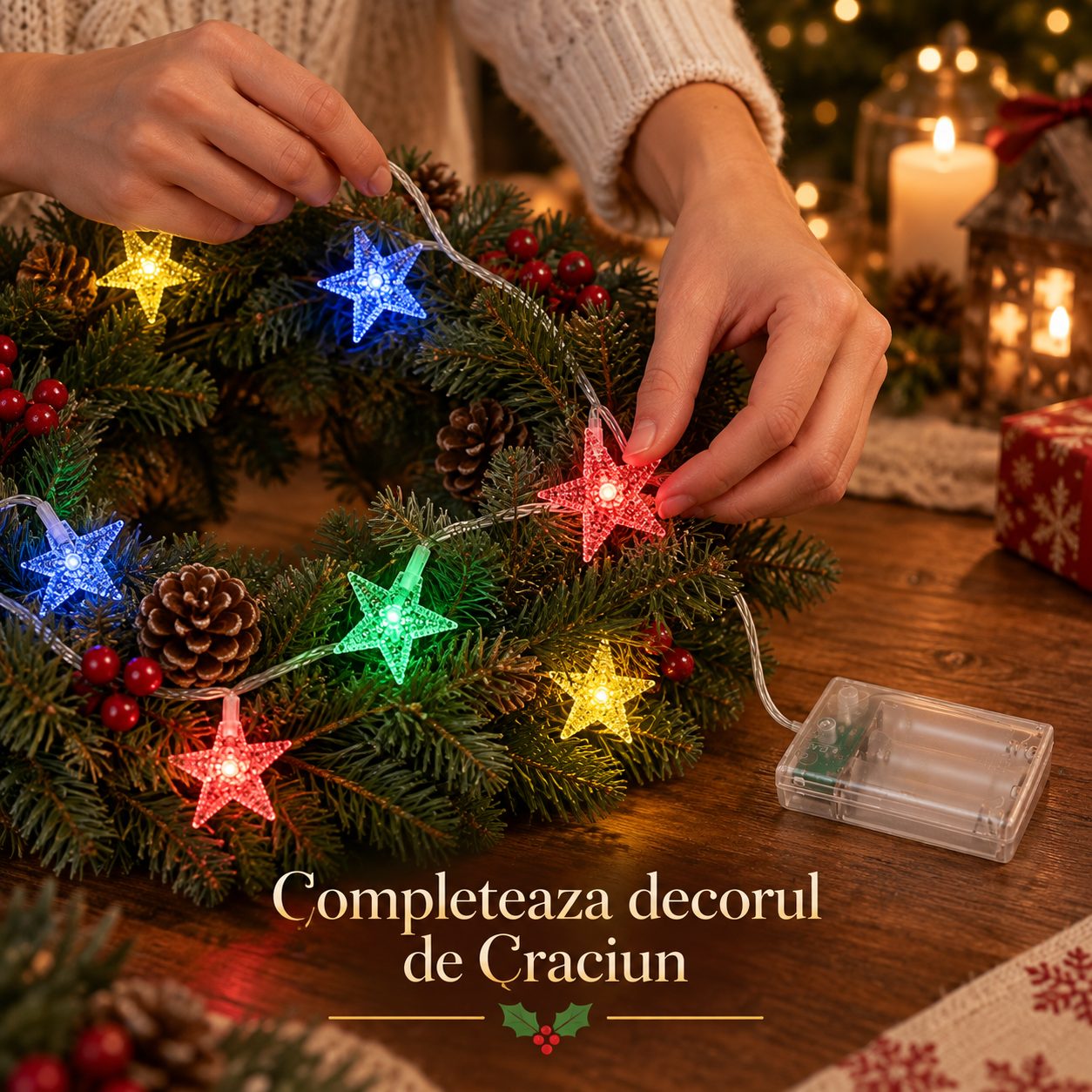 Instalatie de Craciun Tip Sir, Flippy, 30 LED-uri cu Ornamente Stea, Alimentare cu 3 Baterii AA, Interior/Exterior, 3.5 m, Multicolor
