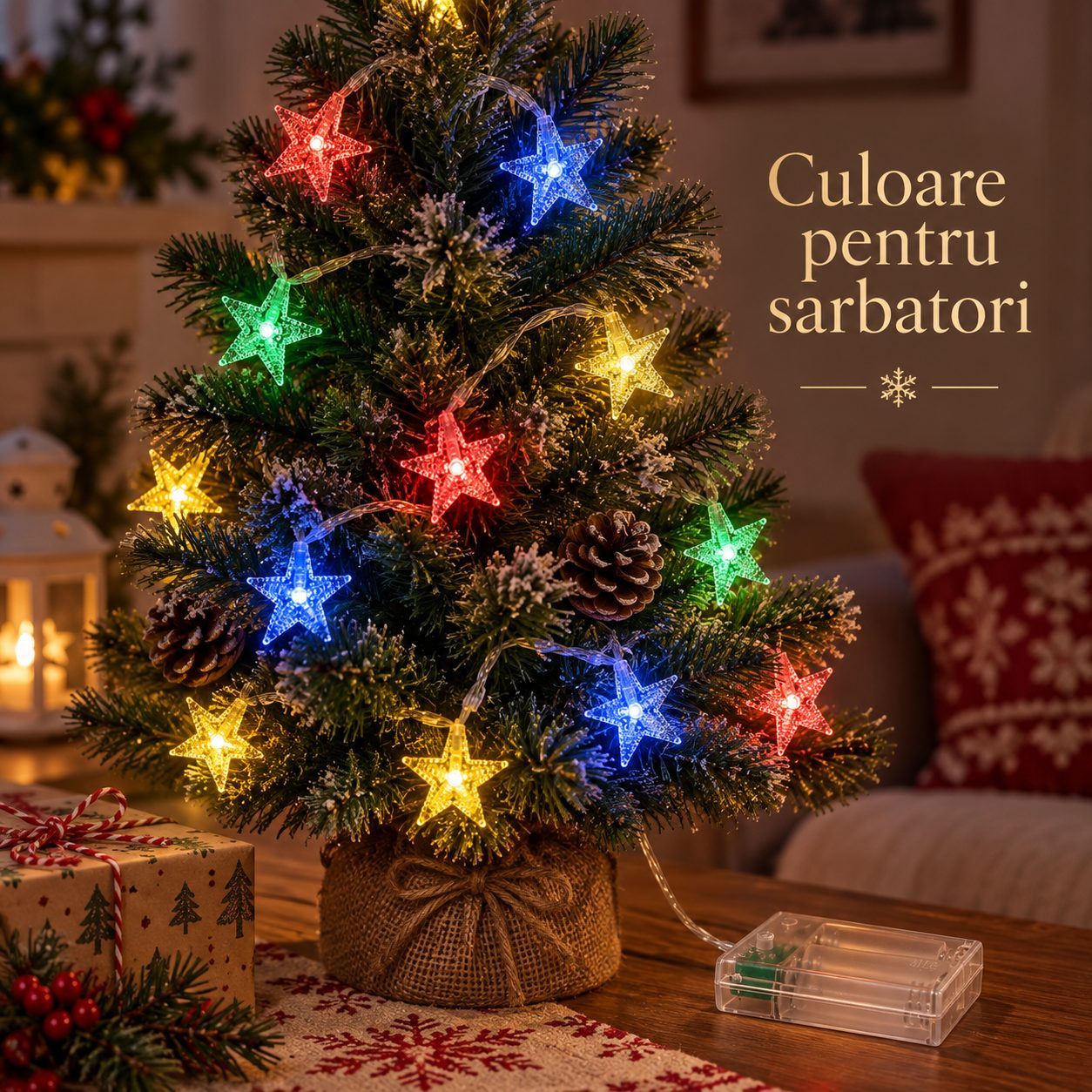 Instalatie de Craciun Tip Sir, Flippy, 30 LED-uri cu Ornamente Stea, Alimentare cu 3 Baterii AA, Interior/Exterior, 3.5 m, Multicolor