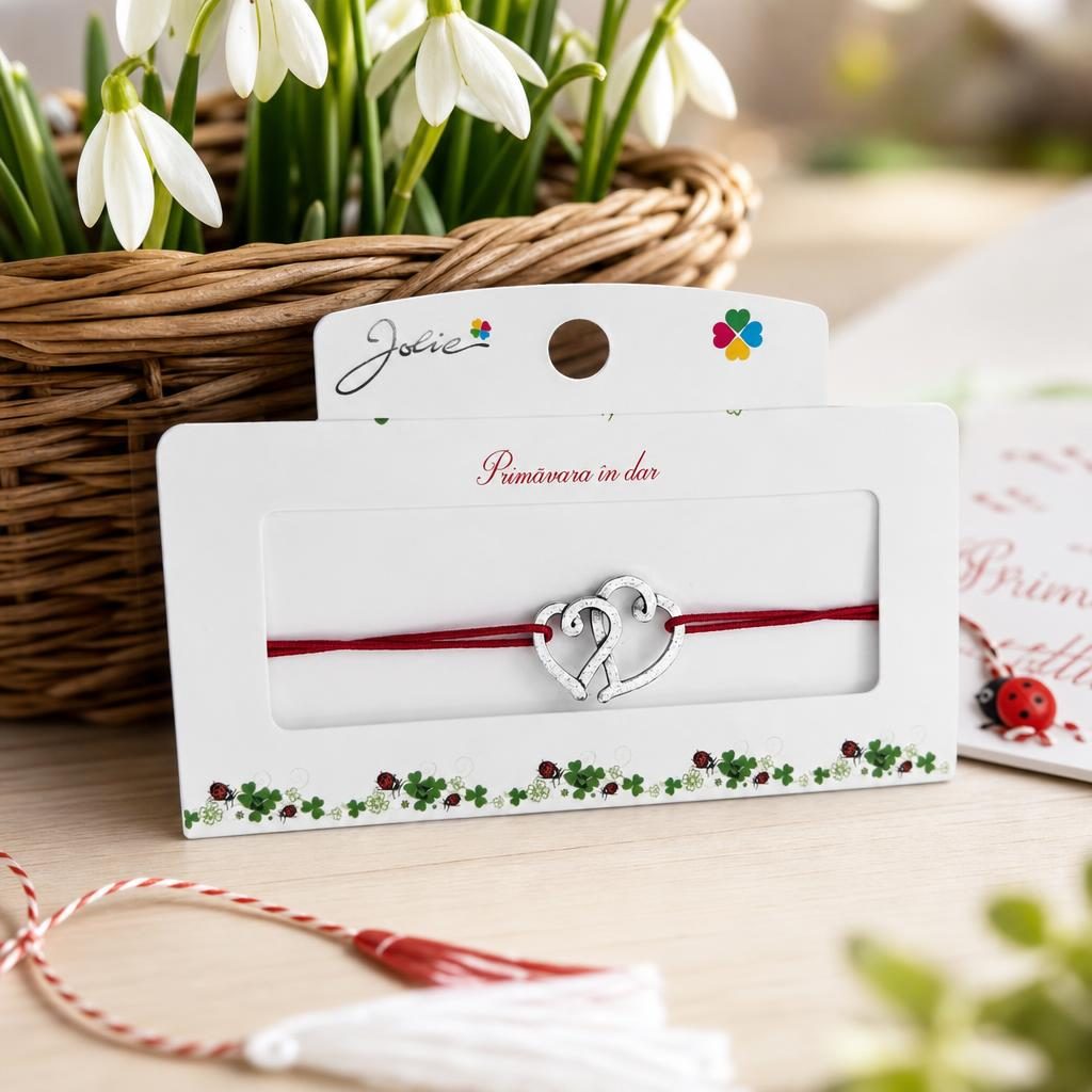Martisor tip Bratara cu Pandantiv Metalic, Jolie, Snur Textil Rosu, Model Doua Inimi, Dimensiune Reglabila, Nod Dublu, Ambalata Individual