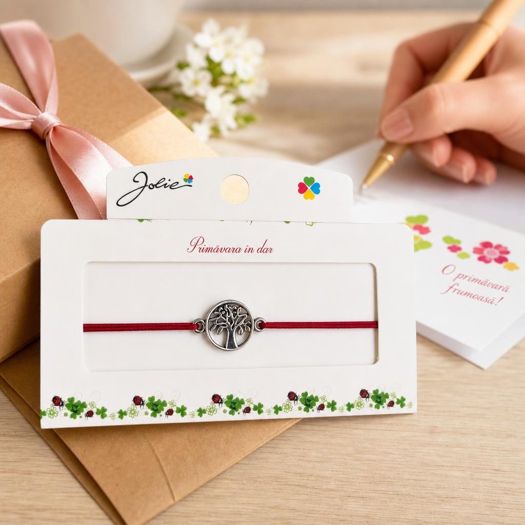Martisor tip Bratara cu Pandantiv Metalic, Jolie, Snur Textil Rosu, Model Pomul Vietii Traditional, Dimensiune Reglabila, Nod Dublu, Ambalata Individual