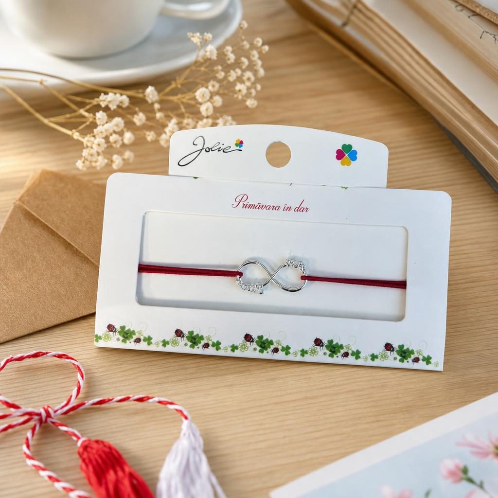 Martisor tip Bratara cu Pandantiv Metalic, Jolie, Snur Textil Rosu, Model Infinit, Dimensiune Reglabila, Nod Dublu, Ambalata Individual