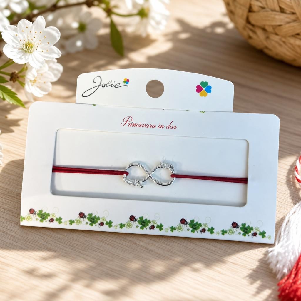 Martisor tip Bratara cu Pandantiv Metalic, Jolie, Snur Textil Rosu, Model Infinit, Dimensiune Reglabila, Nod Dublu, Ambalata Individual