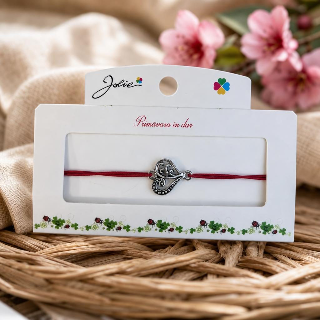 Martisor tip Bratara cu Pandantiv Metalic, Jolie, Snur Textil Rosu, Model Inima Eleganta, Dimensiune Reglabila, Nod Dublu, Ambalata Individual