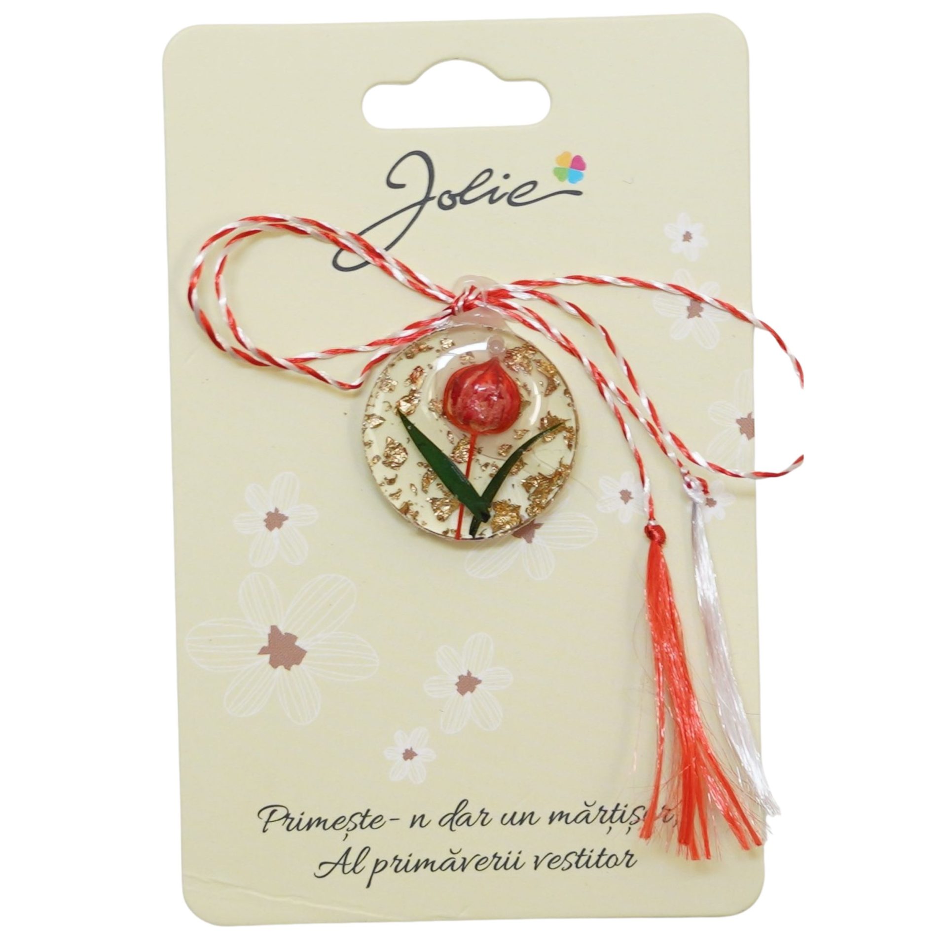 Martisor Traditional din Acril, Jolie, Model Rotund Lalea Rosie, cu Snur Impletit Alb/Rosu, Pandantiv 2 cm - Imagine