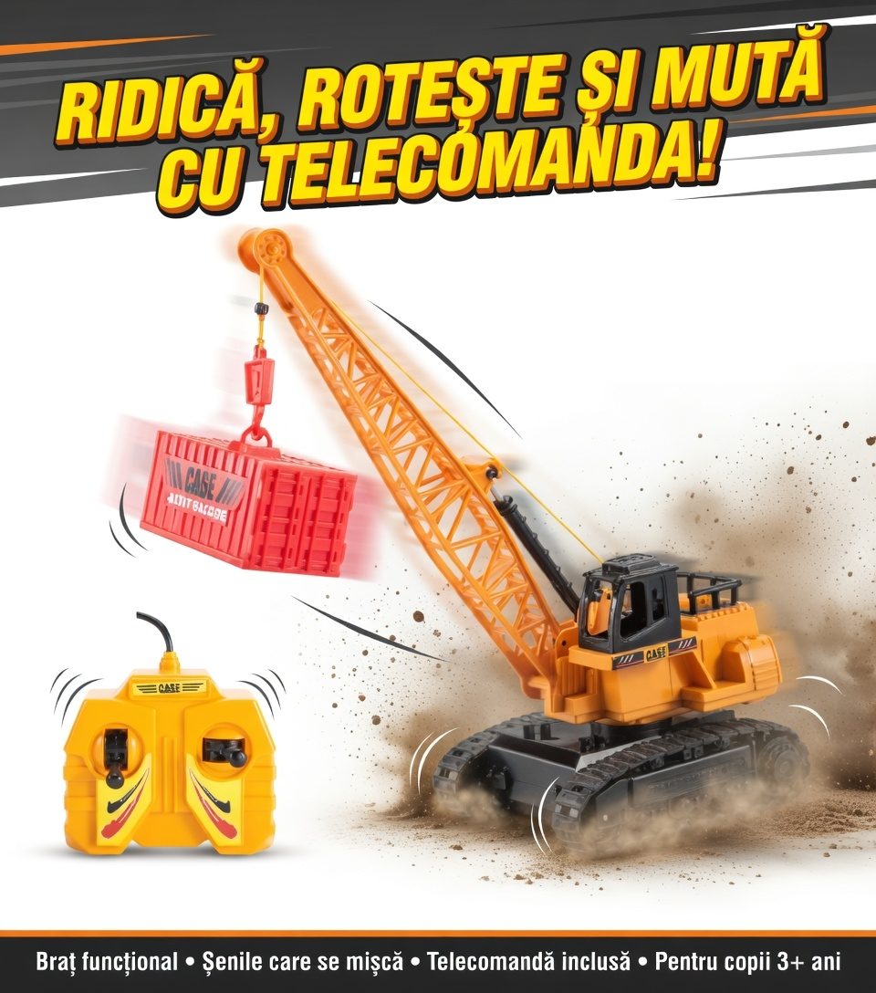 Macara cu Telecomanda Multicolor, Jucarie Macara de Constructii RC, Ridica si Coboara, Se Roteste, Telecomanda 2.4GHz, Jucarie Electrica pentru Baieti 3+ Ani, Cadou Ideal Santier si Utilaje Constructii