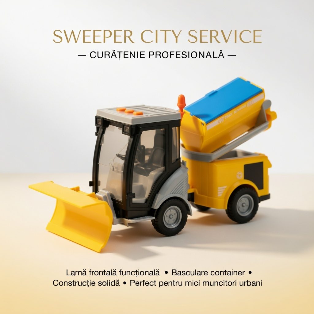 Masina de Maturat Stradala City Service 1:16 cu Lumini si Sunete, Jucarie Interactiva Realista de Curatenie Urbana pentru Copii, Vehicul Galben cu Efecte Luminoase, Sunete Autentice si Cos de Gunoi, Masinuta de Santier Oras Plina de Aventura 4