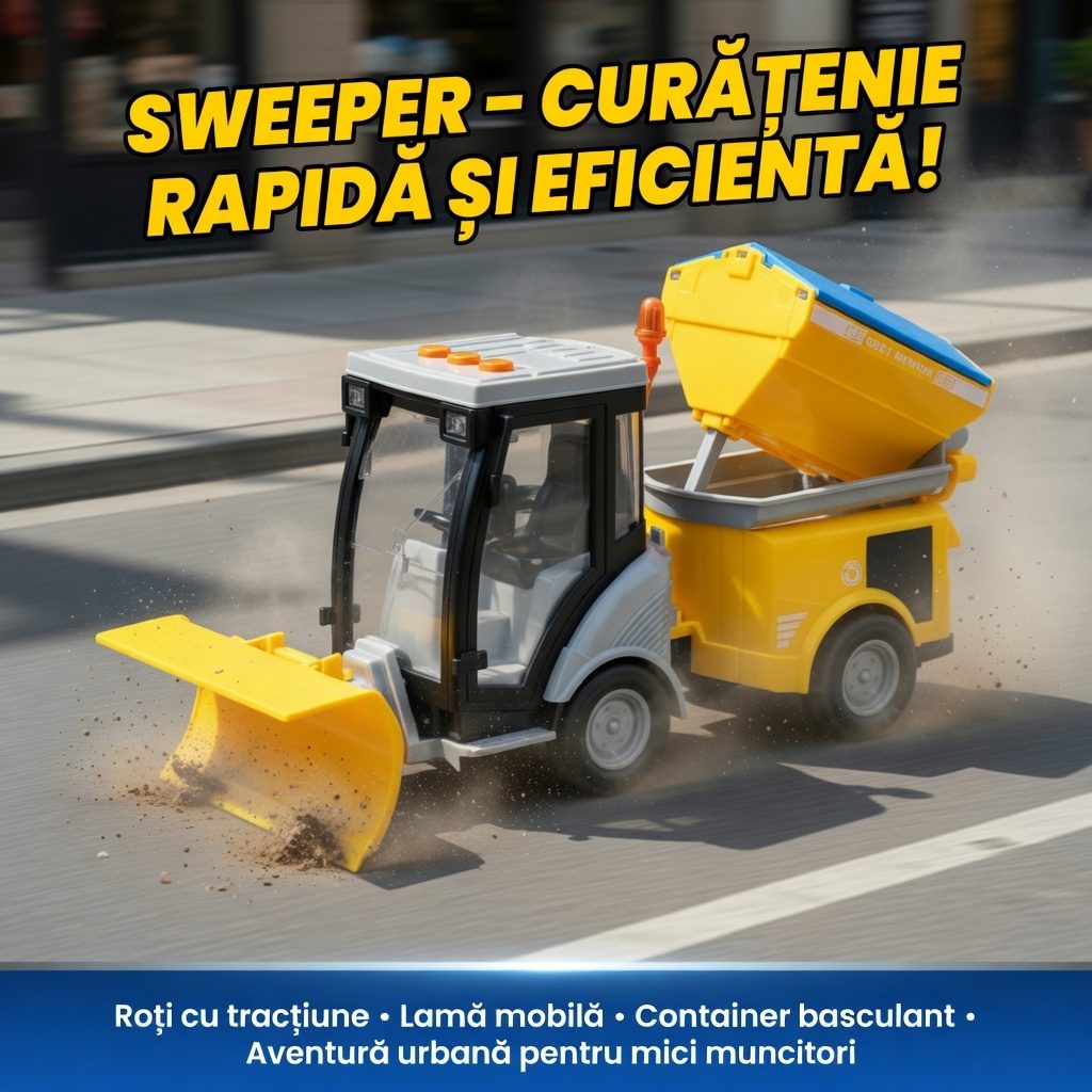 Masina de Maturat Stradala City Service 1:16 cu Lumini si Sunete, Jucarie Interactiva Realista de Curatenie Urbana pentru Copii, Vehicul Galben cu Efecte Luminoase, Sunete Autentice si Cos de Gunoi, Masinuta de Santier Oras Plina de Aventura 5