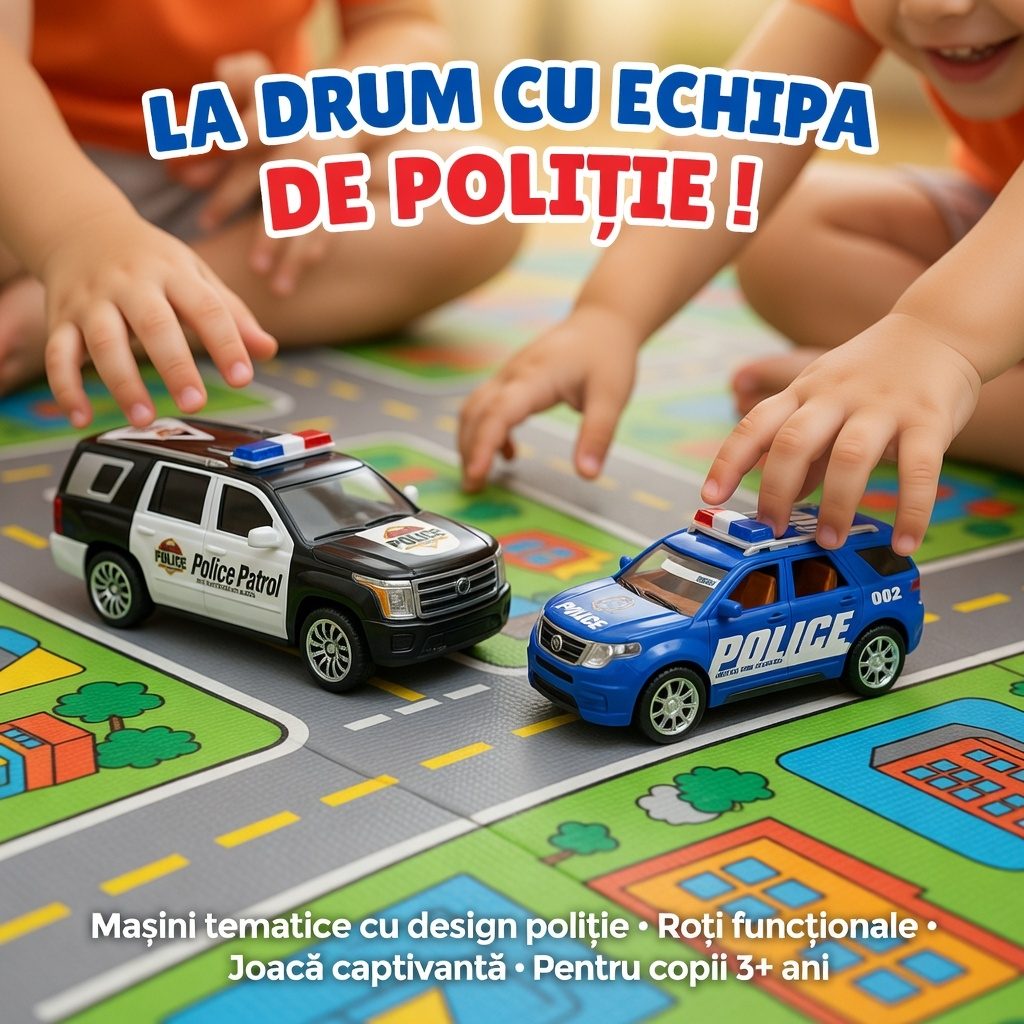 Masina de Politie Frictiune cu Platforma, Jucarie Interactiva cu Motor Frictiune Puternic, Platforma de Incarcare Vehicule, Utilaj Politie Realistic pentru Baieti 3+ Ani, Design Colorat si Durabil 4