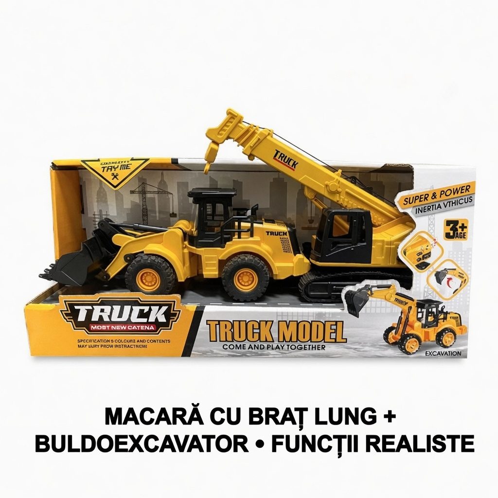 Set 2 Utilaje de Constructii cu Buldoexcavator si Macara, Jucarie Interactiva pentru Copii, Excavator si Macara cu Lumini si Sunete, Vehicule de Santier Realistic, Joaca de Constructii 3