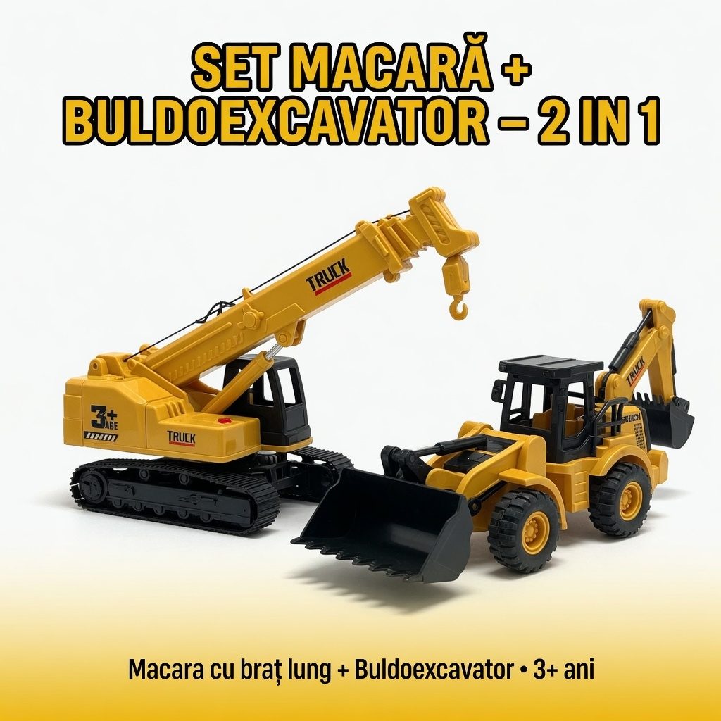Set 2 Utilaje de Constructii cu Buldoexcavator si Macara, Jucarie Interactiva pentru Copii, Excavator si Macara cu Lumini si Sunete, Vehicule de Santier Realistic, Joaca de Constructii 4
