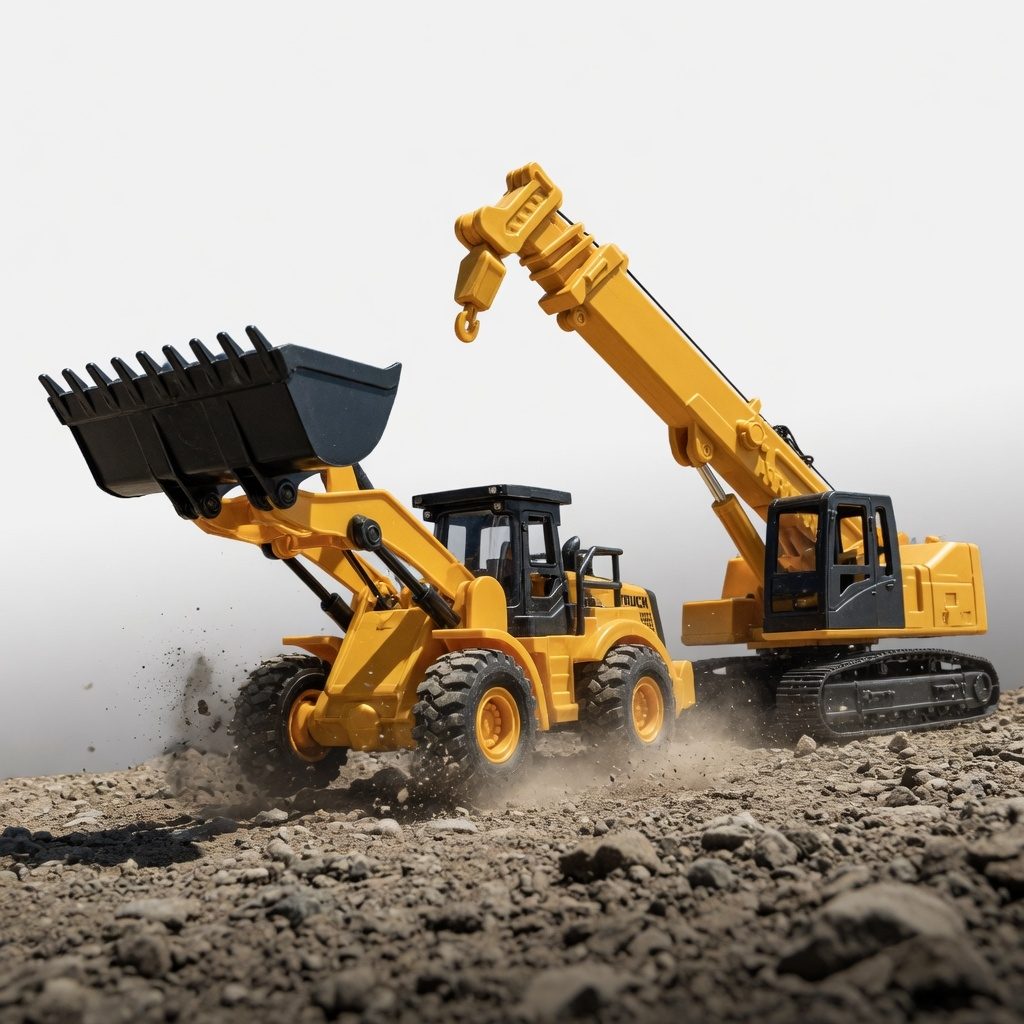 Set 2 Utilaje de Constructii cu Buldoexcavator si Macara, Jucarie Interactiva pentru Copii, Excavator si Macara cu Lumini si Sunete, Vehicule de Santier Realistic, Joaca de Constructii 5