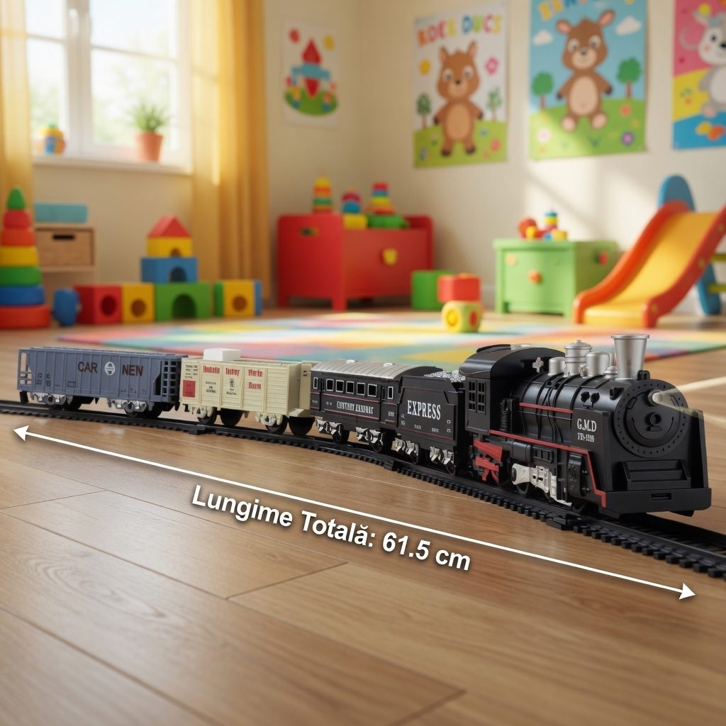 Trenulet Electric Cu Sina Si Vagoane Pentru Copii, Set Locomotiva Cu 4 Vagoane Tip Marfa Si Pasageri, Jucarie Tren Interactiv Cu Circuit Feroviar, Set Tren Express Cu Sina Modulara Pentru Joaca Copii 3+ Ani, Multicolor 3