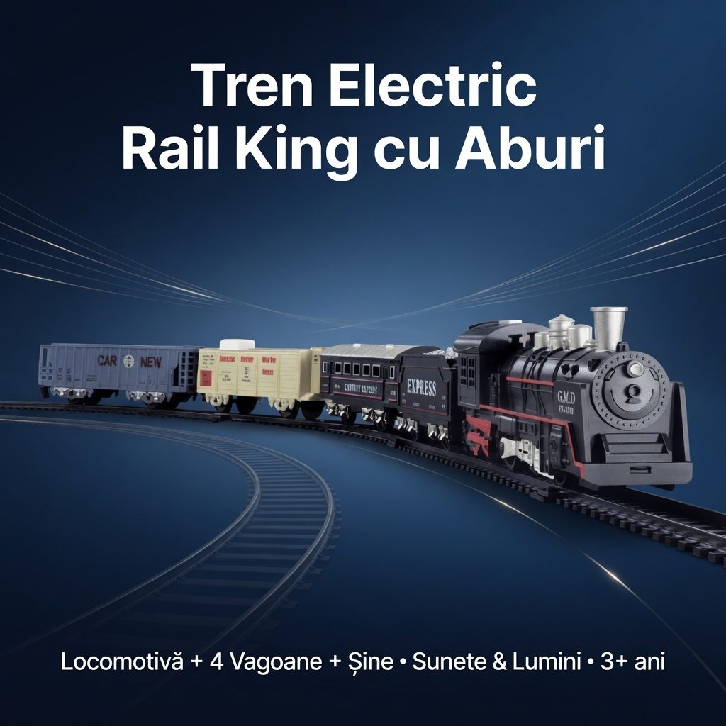 Trenulet Electric Cu Sina Si Vagoane Pentru Copii, Set Locomotiva Cu 4 Vagoane Tip Marfa Si Pasageri, Jucarie Tren Interactiv Cu Circuit Feroviar, Set Tren Express Cu Sina Modulara Pentru Joaca Copii 3+ Ani, Multicolor 2