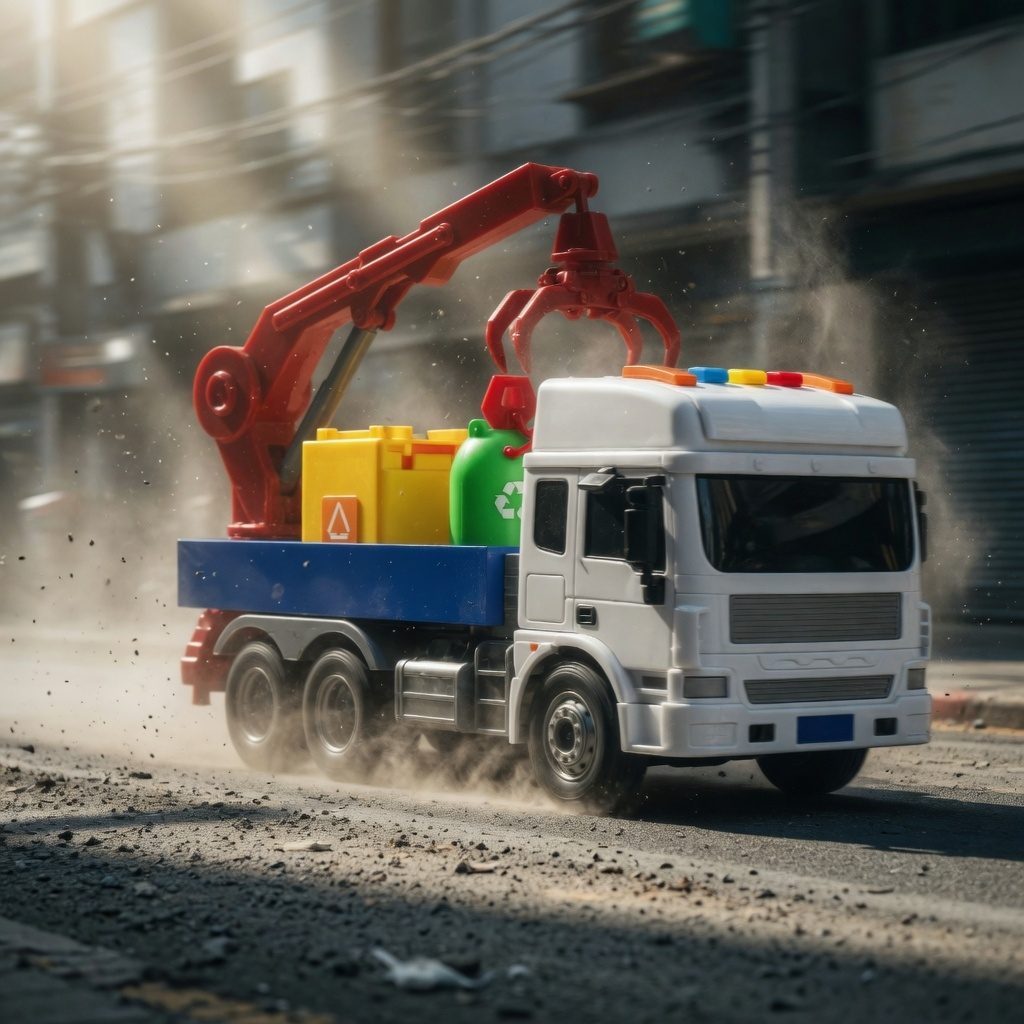 Masina de gunoi reciclare cu frictiune, Camion colectare deseuri cu lumini si sunete, Vehicul sanitar copii, Masina reciclare urbana plastic, Camion salubritate interactiv copii 3+ ani, Alb 4