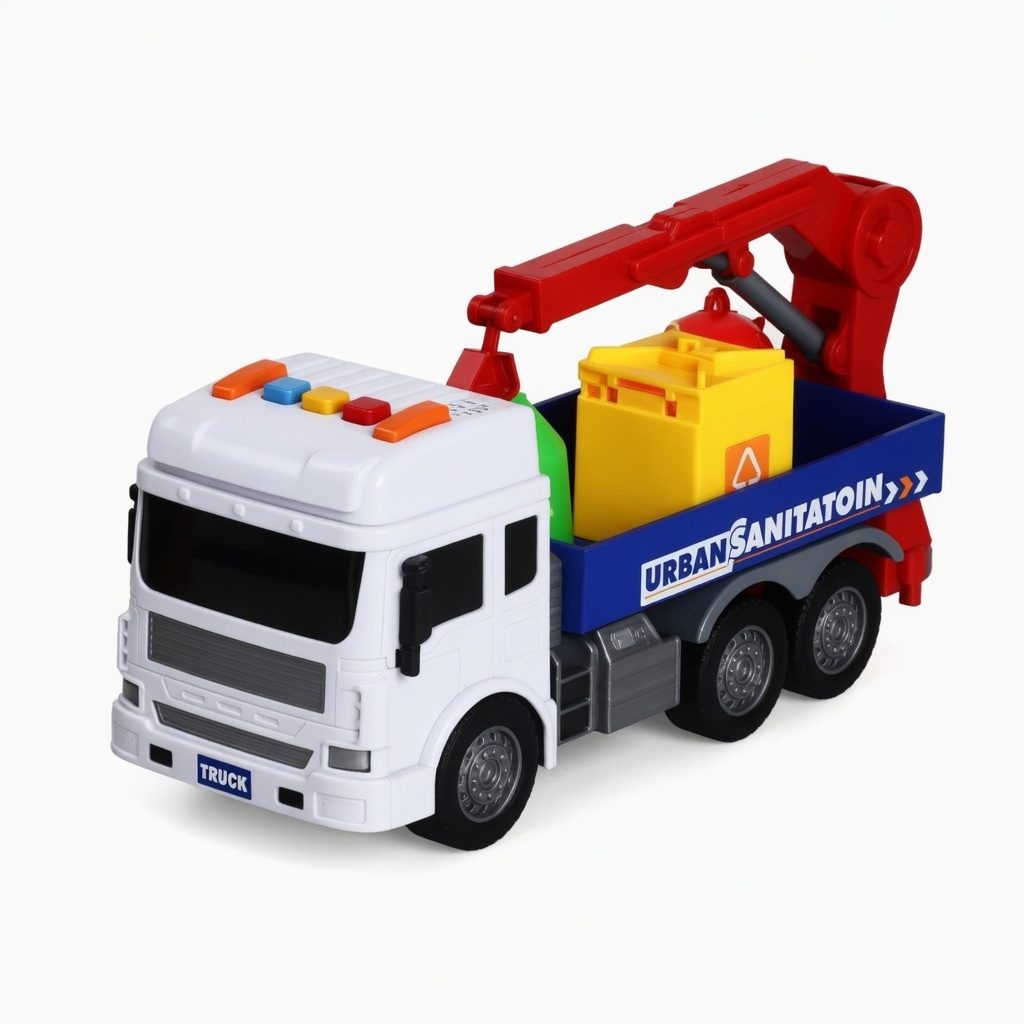 Masina de gunoi reciclare cu frictiune, Camion colectare deseuri cu lumini si sunete, Vehicul sanitar copii, Masina reciclare urbana plastic, Camion salubritate interactiv copii 3+ ani, Alb 3
