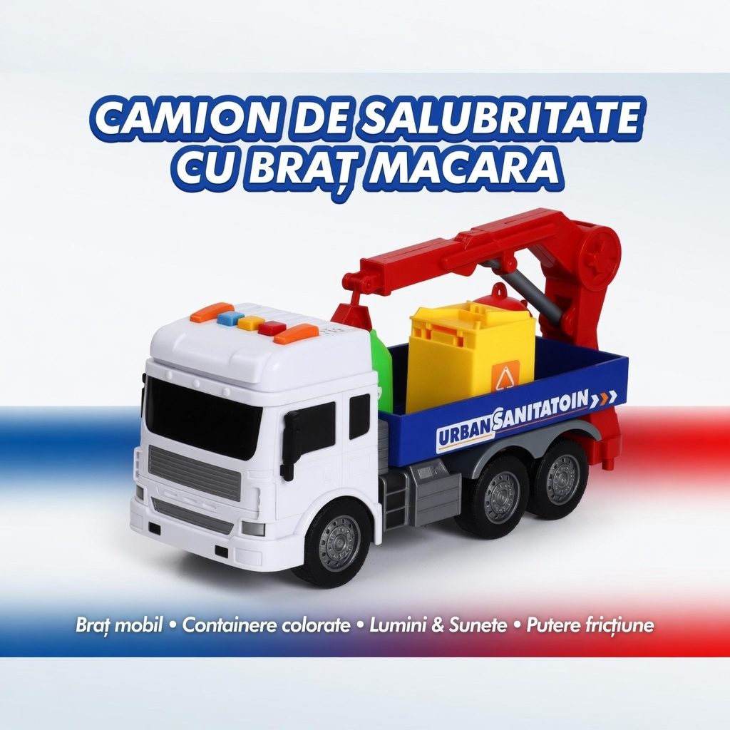Masina de gunoi reciclare cu frictiune, Camion colectare deseuri cu lumini si sunete, Vehicul sanitar copii, Masina reciclare urbana plastic, Camion salubritate interactiv copii 3+ ani, Alb 2