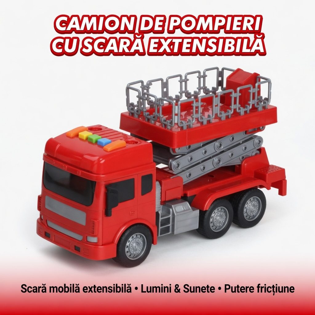 Vehicul de Pompieri cu Frictiune, Lumini si Sunete, Jucarie Interactiva Camion de Interventie pentru Copii, Masina de Salvare cu Scara Extensibila si Efecte Realiste, Aventura Eroica de Pompieri, Rosu 2