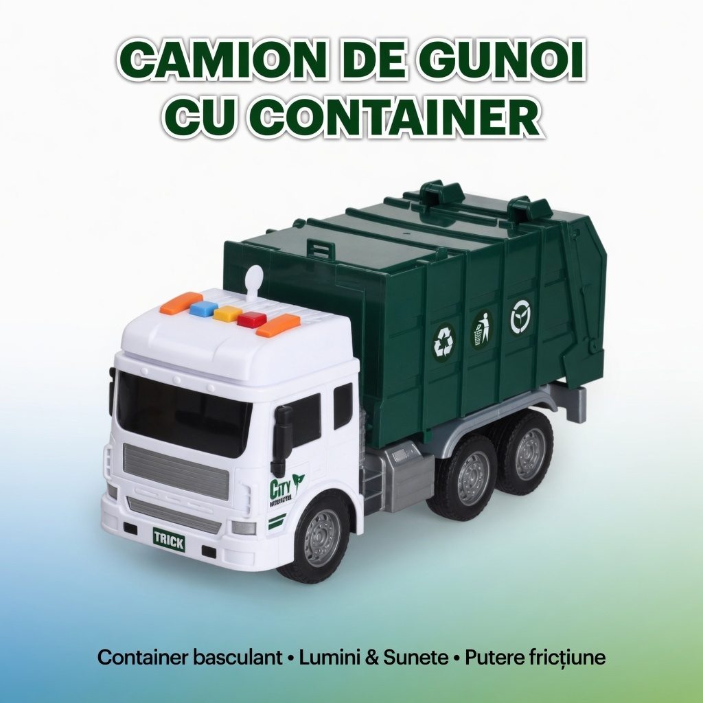 Masina de Gunoi cu Frictiune, Lumini si Sunete, Jucarie Interactiva Utilaj de Salubritate pentru Copii, Camion de Curatenie Urbana cu Pubele Detasabile, Efecte Luminoase si Sonore, Jucarie Educativa Reciclare, Verde 2