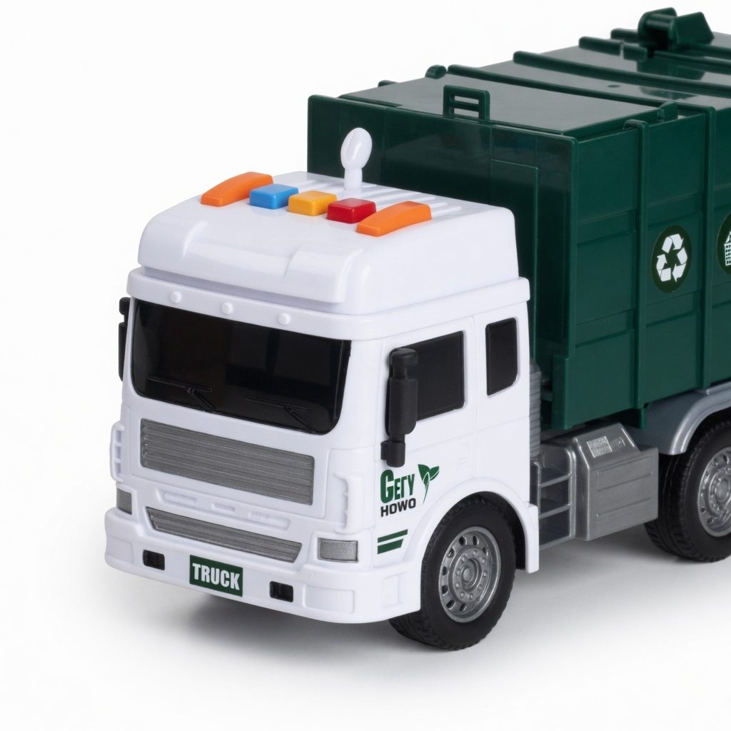 Masina de Gunoi cu Frictiune, Lumini si Sunete, Jucarie Interactiva Utilaj de Salubritate pentru Copii, Camion de Curatenie Urbana cu Pubele Detasabile, Efecte Luminoase si Sonore, Jucarie Educativa Reciclare, Verde 3