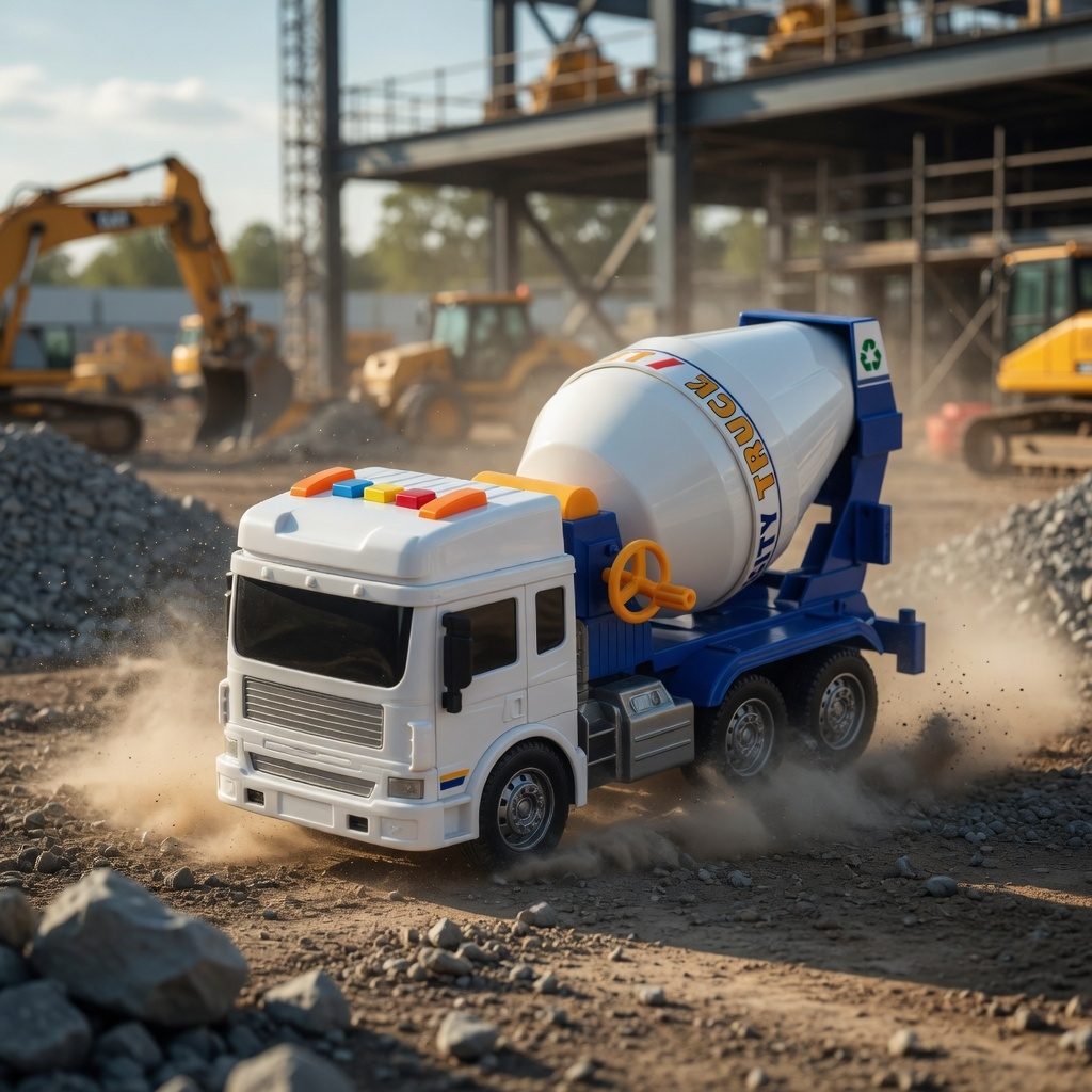 Betoniera cu frictiune, Lumini si sunete, Jucarie interactiva utilaj de constructii pentru copii, Camion santier cu tambur rotativ, Betoniera plastic realist, Vehicul constructii, Copii 3+ ani, Efecte luminoase si sonore, Alb 4