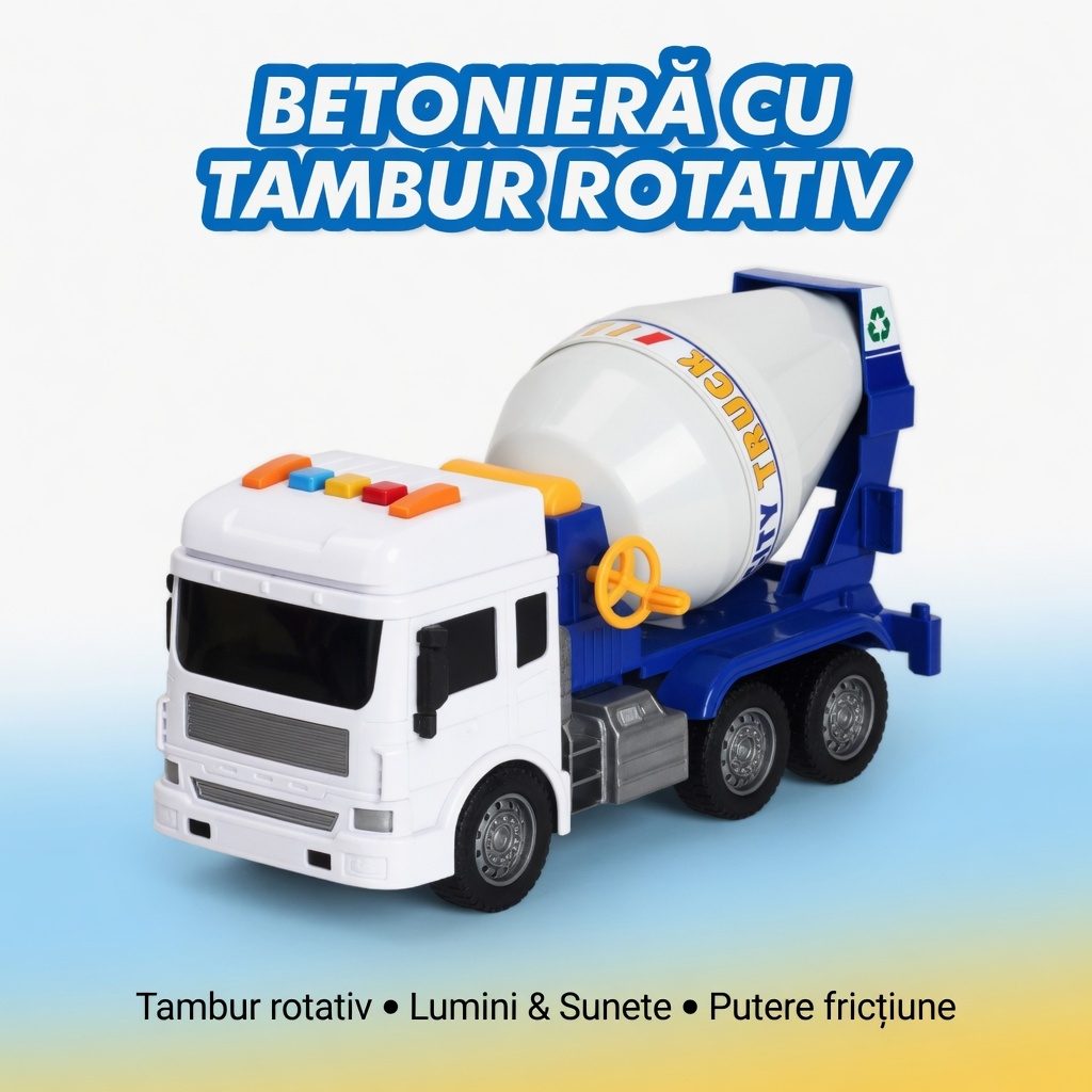 Betoniera cu frictiune, Lumini si sunete, Jucarie interactiva utilaj de constructii pentru copii, Camion santier cu tambur rotativ, Betoniera plastic realist, Vehicul constructii, Copii 3+ ani, Efecte luminoase si sonore, Alb 2