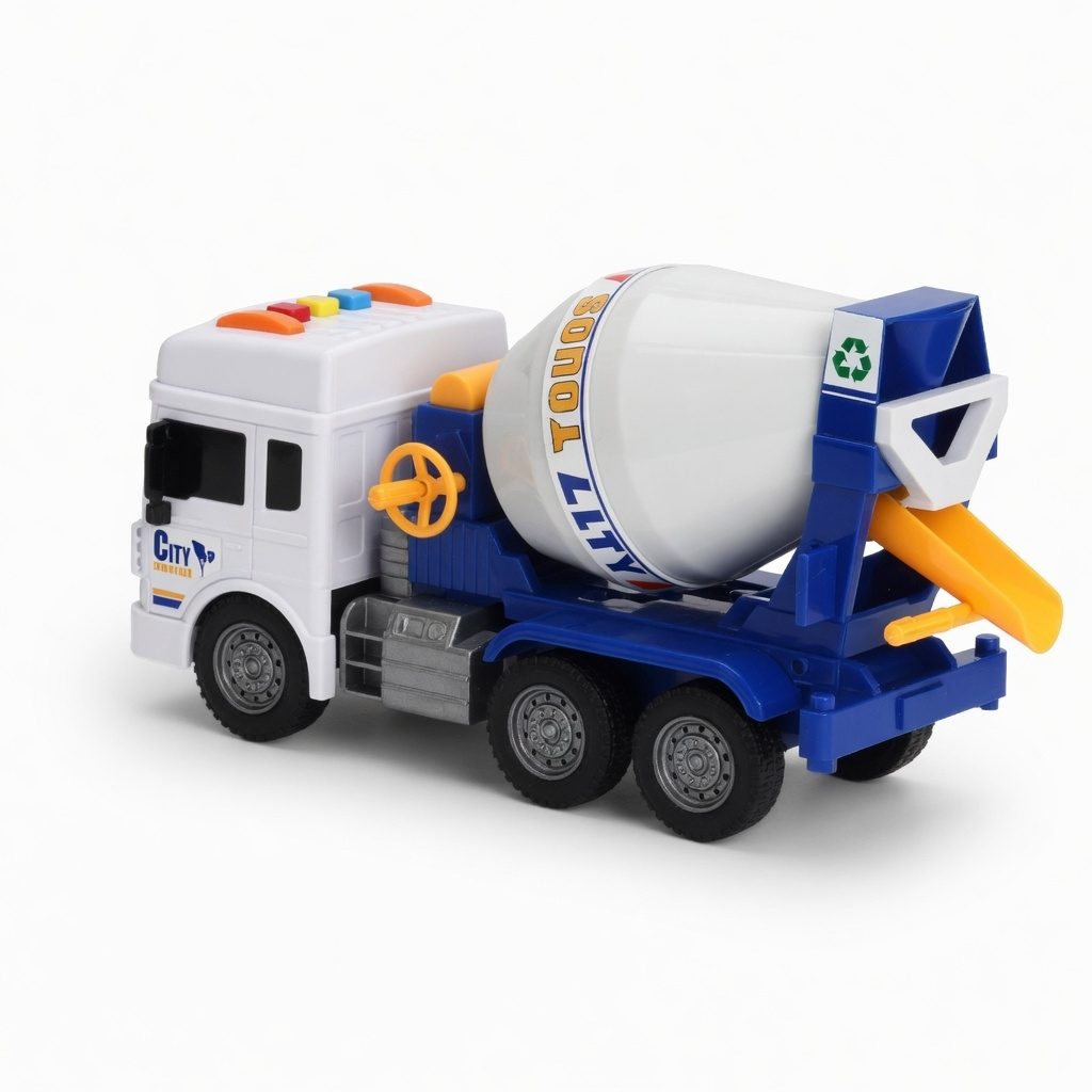 Betoniera cu frictiune, Lumini si sunete, Jucarie interactiva utilaj de constructii pentru copii, Camion santier cu tambur rotativ, Betoniera plastic realist, Vehicul constructii, Copii 3+ ani, Efecte luminoase si sonore, Alb 5
