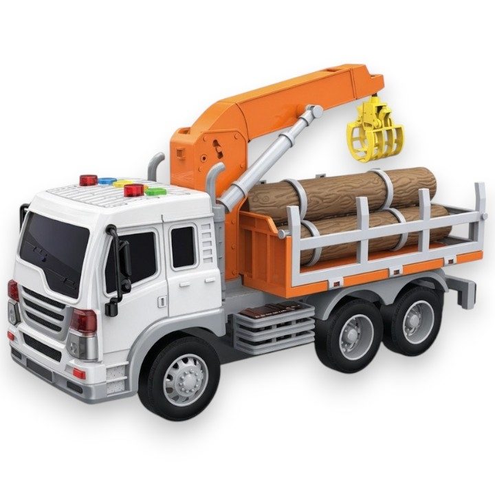 Camion cu incarcator pentru lemn 1:16 portocaliu, Lumini si sunete, Jucarie interactiva utilaj forestier copii, Vehicul transport busteni cu brat mobil, Camion forestier plastic realis, Copii 3+ ani, Efecte sonore si luminoase 1
