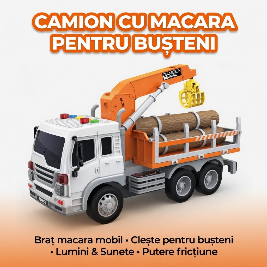 Camion cu incarcator pentru lemn 1:16 portocaliu, Lumini si sunete, Jucarie interactiva utilaj forestier copii, Vehicul transport busteni cu brat mobil, Camion forestier plastic realis, Copii 3+ ani, Efecte sonore si luminoase 2