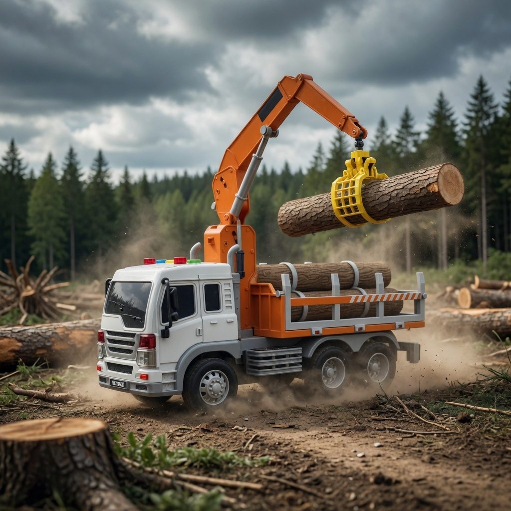 Camion cu incarcator pentru lemn 1:16 portocaliu, Lumini si sunete, Jucarie interactiva utilaj forestier copii, Vehicul transport busteni cu brat mobil, Camion forestier plastic realis, Copii 3+ ani, Efecte sonore si luminoase 4