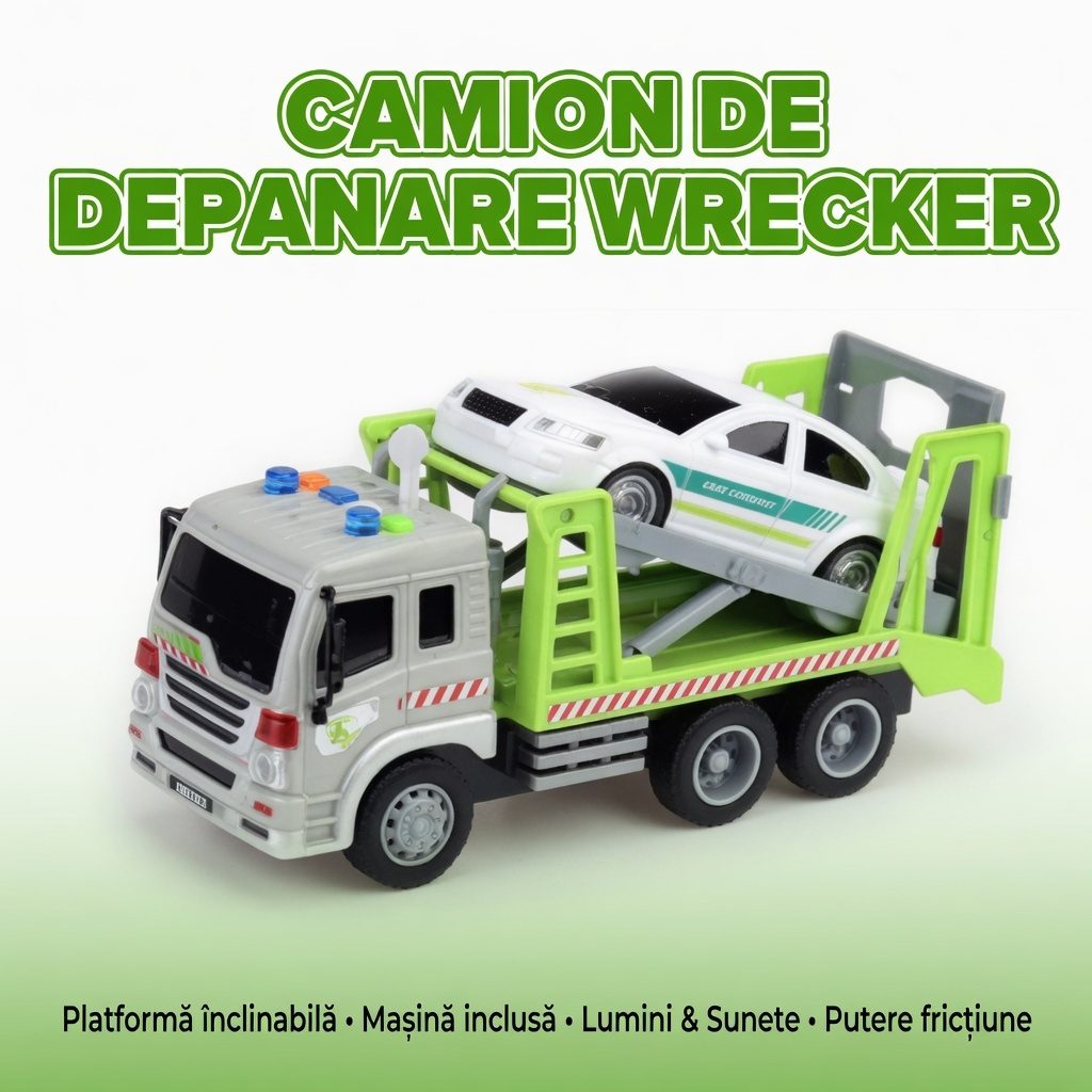 Set Camion De Tractare Cu Rampa Si Masinuta 1:16, Cu Frictiune, Lumini Si Sunete, Jucarie Interactiva Vehicul Depanare Copii, Set 2 In 1 Transport Auto, Camion Platforma Cu Rampa Mobila, Efecte Luminoase Si Sonore Copii 3+ Ani, Verde 2
