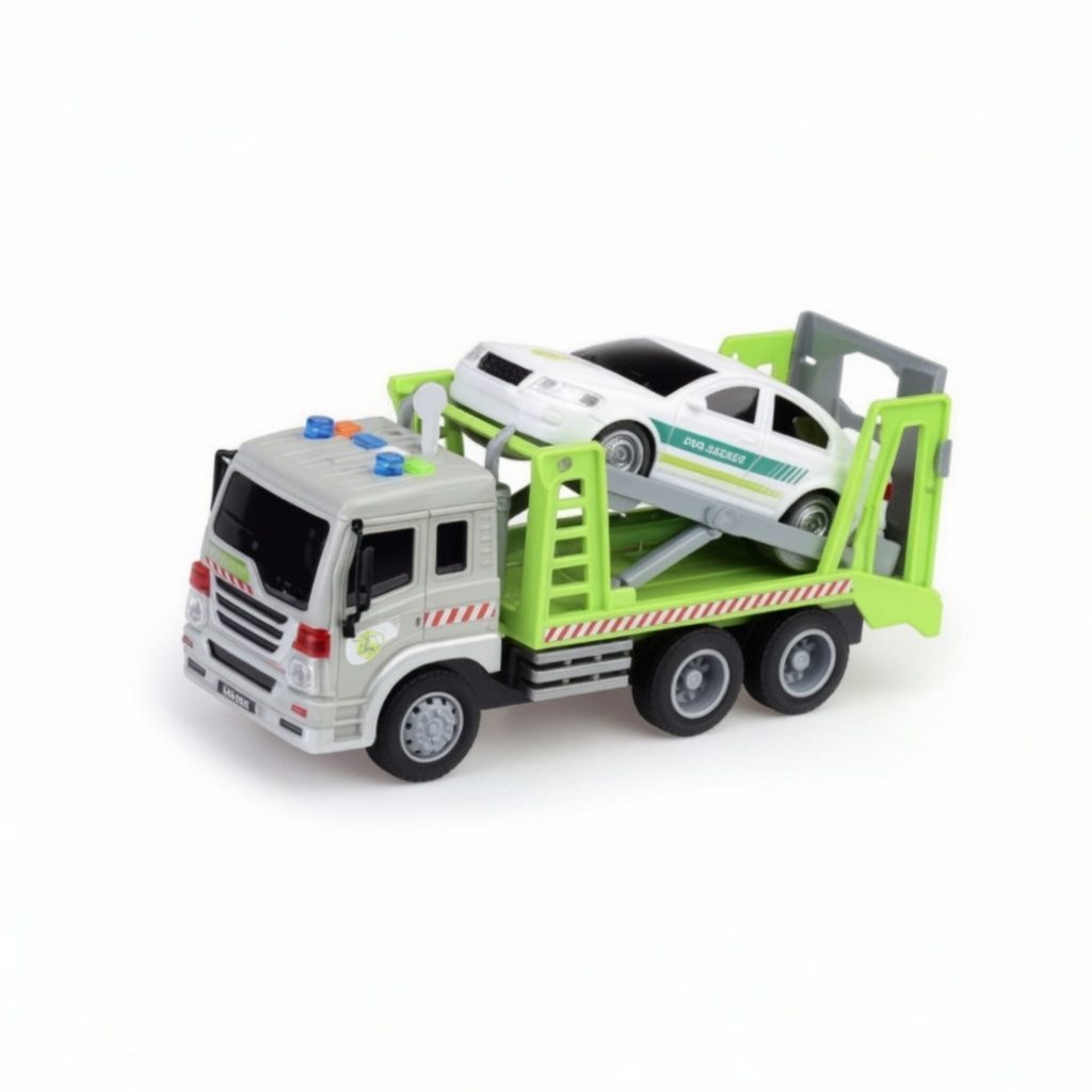 Set Camion De Tractare Cu Rampa Si Masinuta 1:16, Cu Frictiune, Lumini Si Sunete, Jucarie Interactiva Vehicul Depanare Copii, Set 2 In 1 Transport Auto, Camion Platforma Cu Rampa Mobila, Efecte Luminoase Si Sonore Copii 3+ Ani, Verde 3