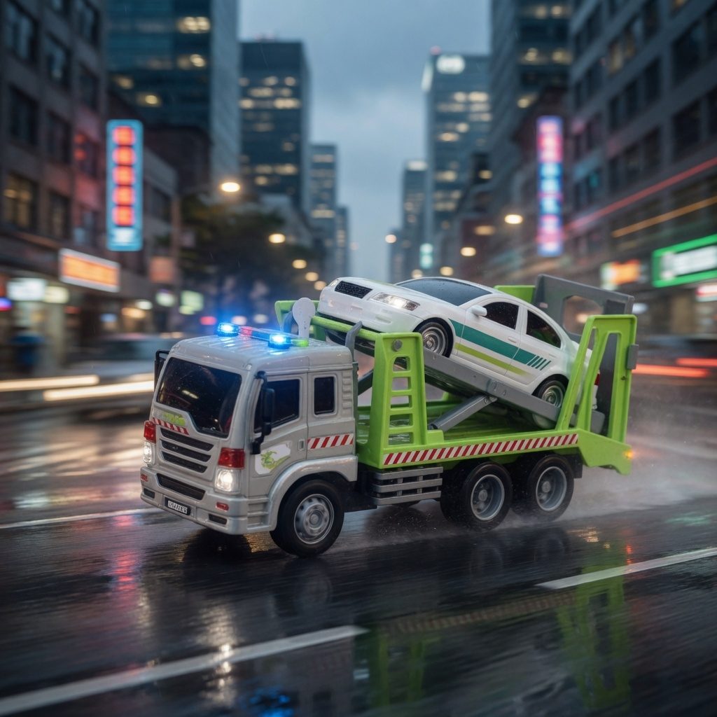 Set Camion De Tractare Cu Rampa Si Masinuta 1:16, Cu Frictiune, Lumini Si Sunete, Jucarie Interactiva Vehicul Depanare Copii, Set 2 In 1 Transport Auto, Camion Platforma Cu Rampa Mobila, Efecte Luminoase Si Sonore Copii 3+ Ani, Verde 4