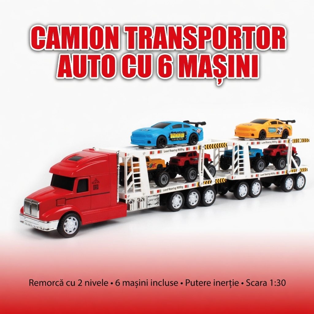 Platforma Cu Masini De Curse, Cu Frictiune, Lumini Si Sunete, Jucarie Interactiva Trailer Transport, Camion Cu 6 Masinute De Curse Incluse, Tir Cu Platforma Auto, Efecte Luminoase Si Sonore, Pentru Copii 3+ Ani, Multicolor 2