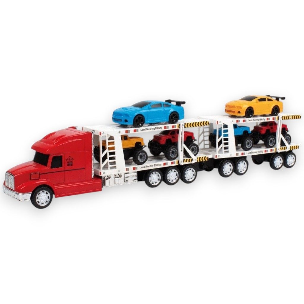 Platforma Cu Masini De Curse, Cu Frictiune, Lumini Si Sunete, Jucarie Interactiva Trailer Transport, Camion Cu 6 Masinute De Curse Incluse, Tir Cu Platforma Auto, Efecte Luminoase Si Sonore, Pentru Copii 3+ Ani, Multicolor 3