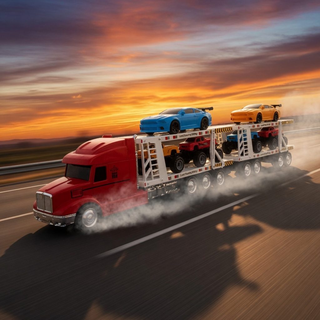 Platforma Cu Masini De Curse, Cu Frictiune, Lumini Si Sunete, Jucarie Interactiva Trailer Transport, Camion Cu 6 Masinute De Curse Incluse, Tir Cu Platforma Auto, Efecte Luminoase Si Sonore, Pentru Copii 3+ Ani, Multicolor 4