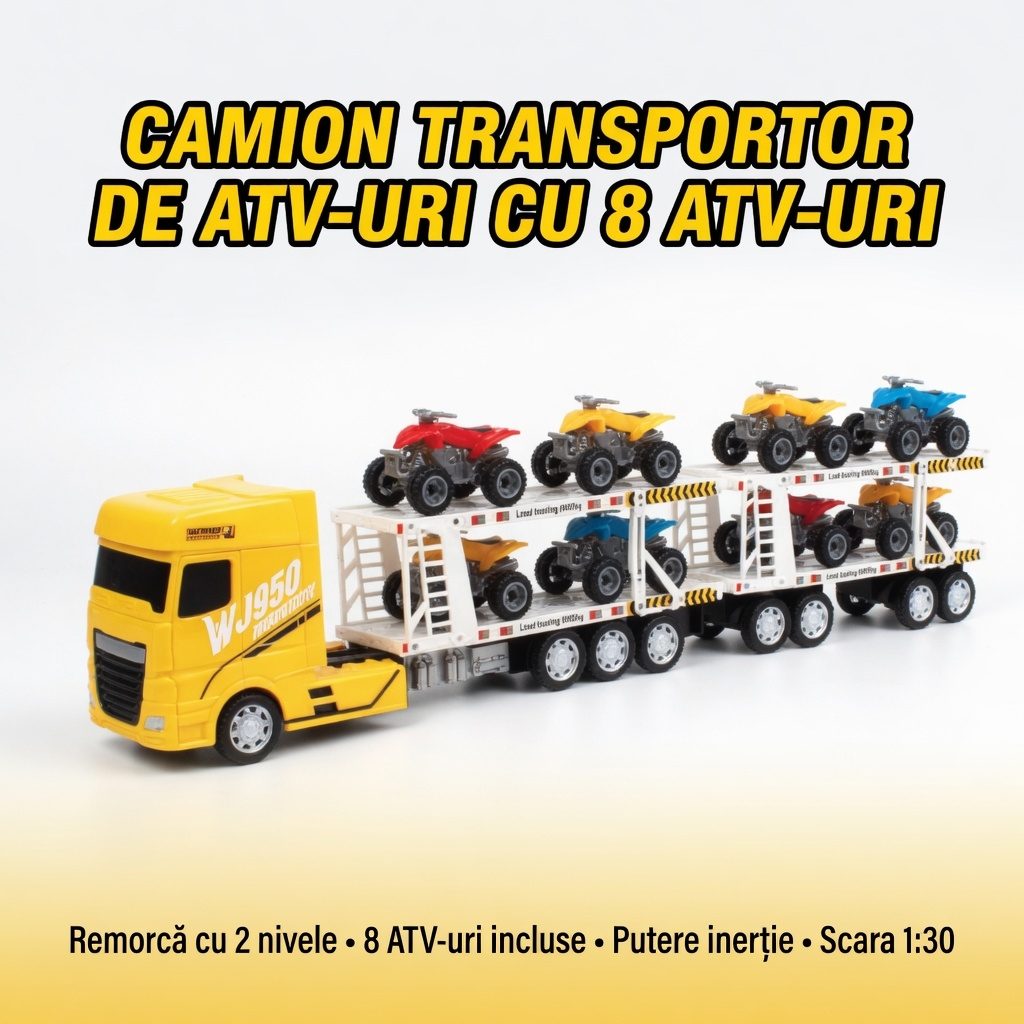 Dubla Platforma Cu ATV-uri, Cu Frictiune, Lumini Si Sunete, Jucarie Interactiva Trailer Transport 2 In 1, Camion Cu 8 ATV-uri Incluse, Vehicul Off-Road Cu Remorca Dubla, Efecte Luminoase Si Sonore, Pentru Copii 3+ Ani 2