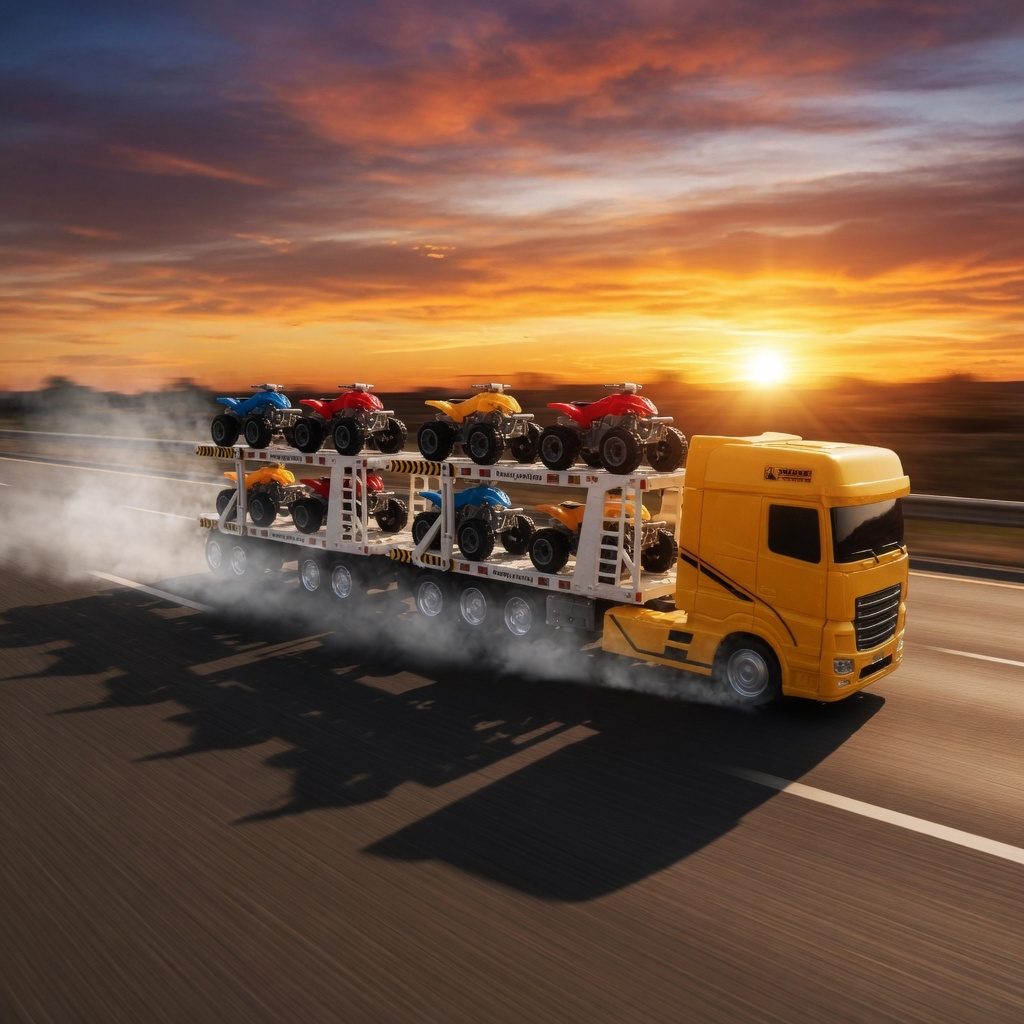 Dubla Platforma Cu ATV-uri, Cu Frictiune, Lumini Si Sunete, Jucarie Interactiva Trailer Transport 2 In 1, Camion Cu 8 ATV-uri Incluse, Vehicul Off-Road Cu Remorca Dubla, Efecte Luminoase Si Sonore, Pentru Copii 3+ Ani 4