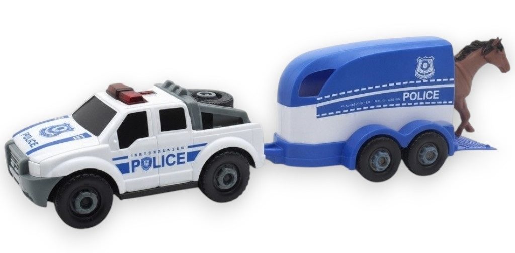 Masina De Politie Cu Remorca De Echitatie Si Figurina Cal, Cu Frictiune, Jucarie Interactiva Pentru Copii, Vehicul De Interventie Transport Cai Cu Remorca Si Cal Inclus, SUV Politie Realist, Aventura De Patrulare, Pentru Copii 3+ Ani
