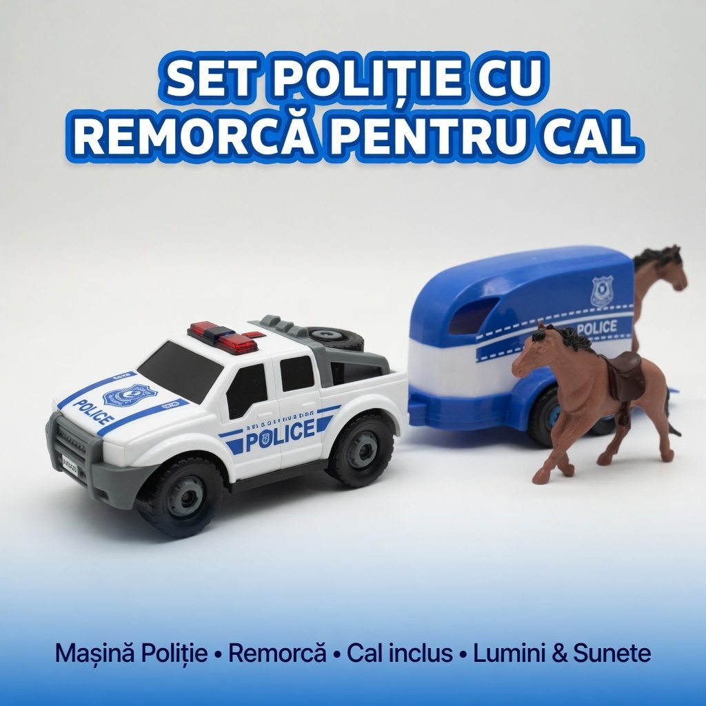 Masina De Politie Cu Remorca De Echitatie Si Figurina Cal, Cu Frictiune, Jucarie Interactiva Pentru Copii, Vehicul De Interventie Transport Cai Cu Remorca Si Cal Inclus, SUV Politie Realist, Aventura De Patrulare, Pentru Copii 3+ Ani 2