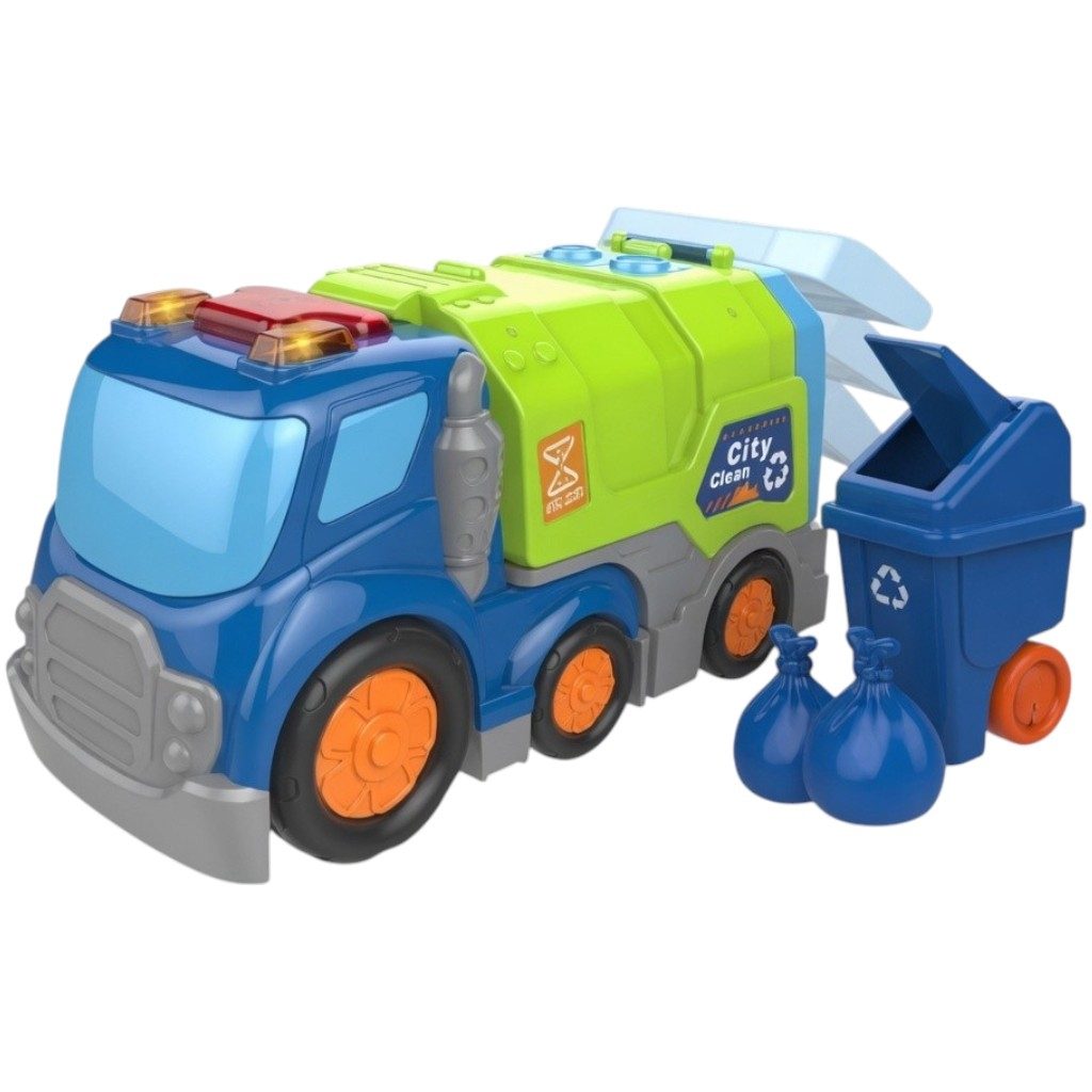 Masina De Gunoi Cu Frictiune Oraselul Agitat, Cu Lumini Si Sunete, Jucarie Interactiva Camion Reciclare Copii, Vehicul Salubritate Cu Pubela Si Accesorii Incluse, Jucarie Transport Deseuri Pentru Copii 3+ Ani, Albastru 2