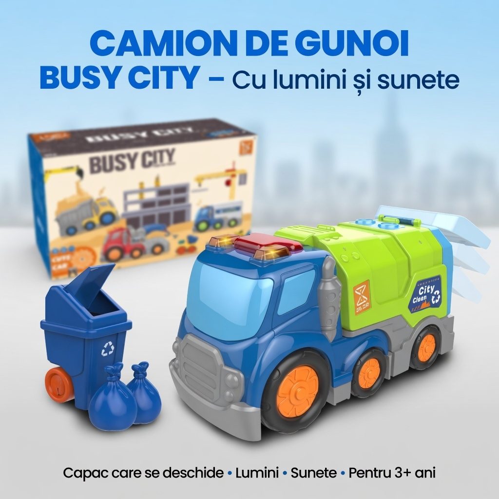 Masina De Gunoi Cu Frictiune Oraselul Agitat, Cu Lumini Si Sunete, Jucarie Interactiva Camion Reciclare Copii, Vehicul Salubritate Cu Pubela Si Accesorii Incluse, Jucarie Transport Deseuri Pentru Copii 3+ Ani, Albastru 3