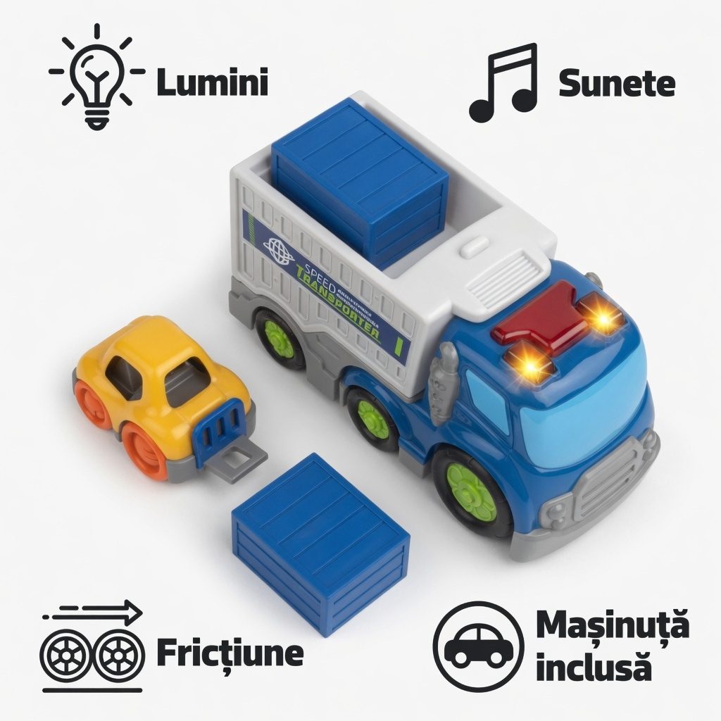 Camion Cargo Cu Frictiune Oraselul Agitat, Cu Lumini Si Sunete, Jucarie Interactiva Transport Marfa Copii, Camion Cu Masinuta Si Cutii De Incarcare Incluse, Vehicul Logistica Pentru Copii 3+ Ani, Multicolor 4