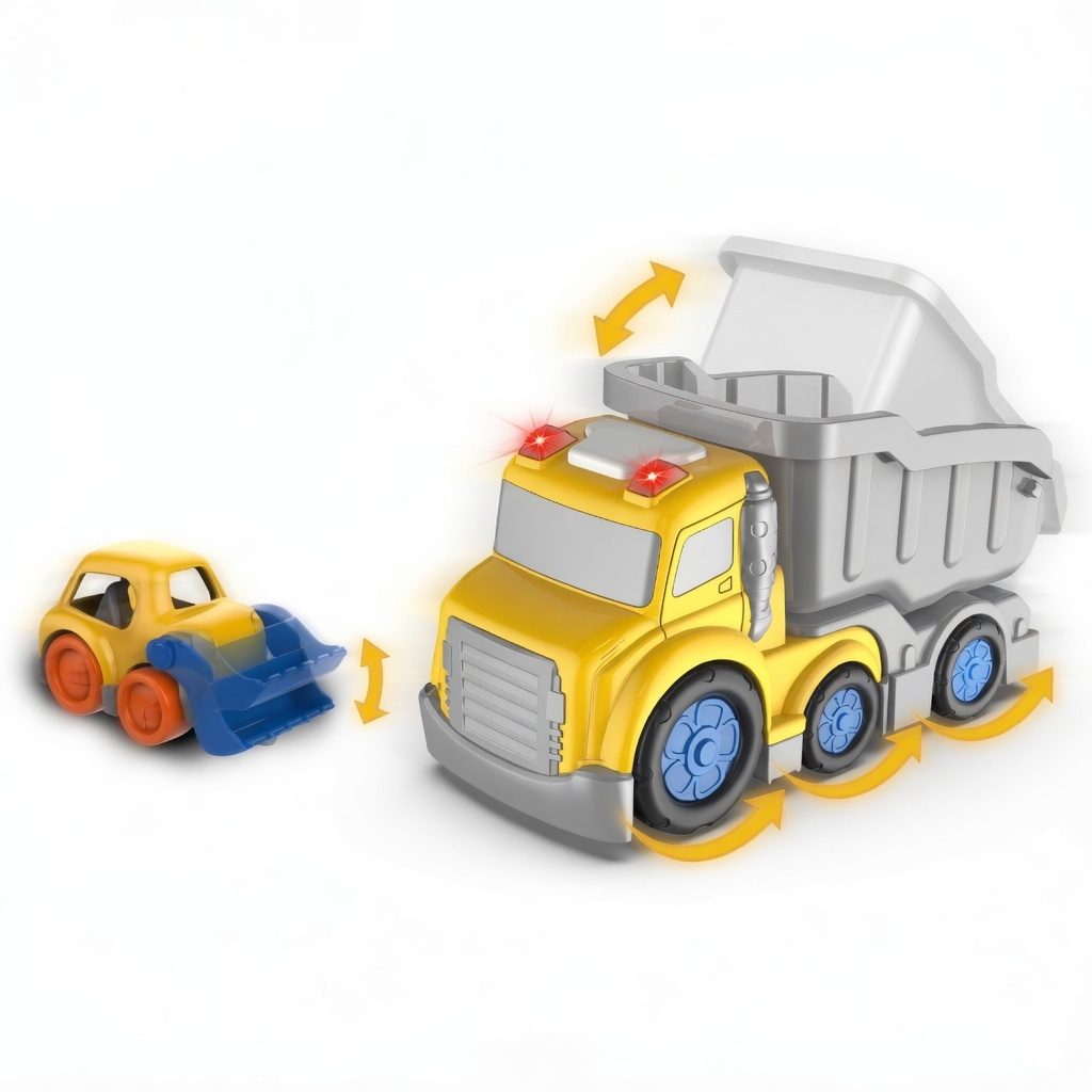 Camion Basculanta Cu Frictiune Oraselul Agitat, Cu Lumini Si Sunete, Jucarie Interactiva Utilaj Constructii Copii, Basculanta Cu Bena Rabatabila Si Masinuta Inclusa, Vehicul Santier Pentru Copii 3+ Ani, Galben 3