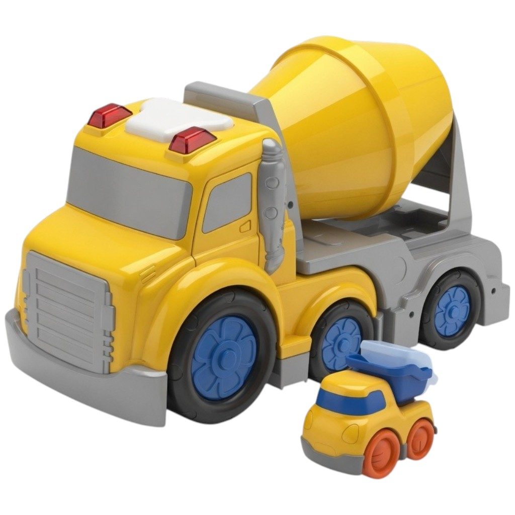 Betoniera Cu Frictiune Oraselul Agitat, Cu Lumini Si Sunete, Jucarie Interactiva Utilaj Constructii Copii, Camion Betoniera Cu Tambur Rotativ Si Masinuta Inclusa, Vehicul Santier Pentru Copii 3+ Ani, Galben Deschis