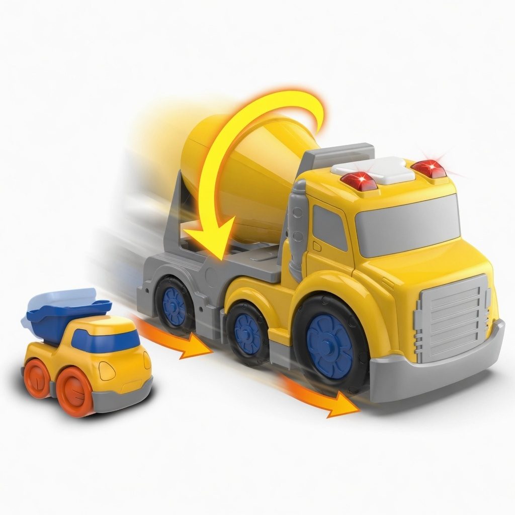 Betoniera Cu Frictiune Oraselul Agitat, Cu Lumini Si Sunete, Jucarie Interactiva Utilaj Constructii Copii, Camion Betoniera Cu Tambur Rotativ Si Masinuta Inclusa, Vehicul Santier Pentru Copii 3+ Ani, Galben Deschis 4